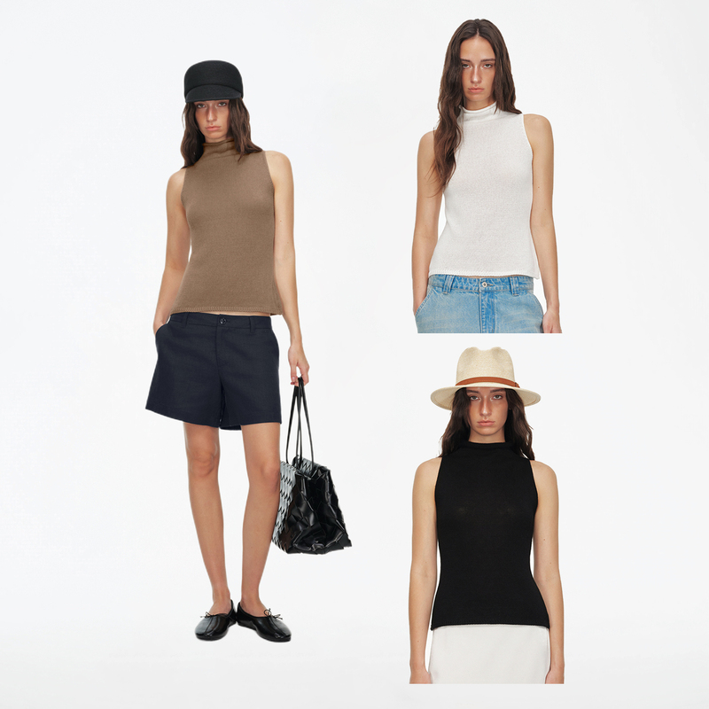 Ni8Htmetro Linen Blend Retro Classic High-Neck Sleeveless Summer Lightweight Knitted Vest Top