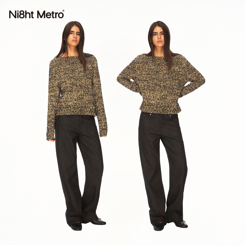 Ni8Htmetro Retro Thick-Needle Special Yarn Woven Boat-Neck Knitted Pullover Sweater
