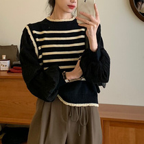 Can be approved for quick delivery 2024 early spring new Korean style soft and waxy short fake two-piece striped sweater tops for women