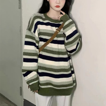 You can quickly find the goods in soft and waxy autumn new style contrasting stripes loose large sweater womens sweet round neck color matching wide