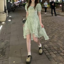 Green one-piece dress Froth Sleeve Skirt style square collar irregular mid-length collection waist Snow spinning Broken Flowers dress