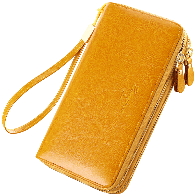Fortune-Attracting Yellow Double-Zipper Leather Wallet, Vintage Wallet, Women's Long High-End Genuine Leather Large-Capacity Card Holder All-In-One Bag