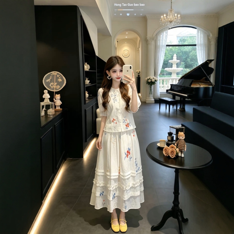 Very Beautiful Summer Outfit, a Complete Set for Plus-Size Women, New Chinese-Style White Embroidered Shirt and High-Waisted Skirt Set for Women Very Beautiful Summer Outfit, a Complete Set for Plus-Size Women, New Chinese-Style White Embroidered Shirt and High-Waisted Skirt Set for Women