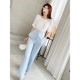 High-end professional wear temperament goddess fan suit summer fashion workplace commuting blue wide-leg pants two-piece western style