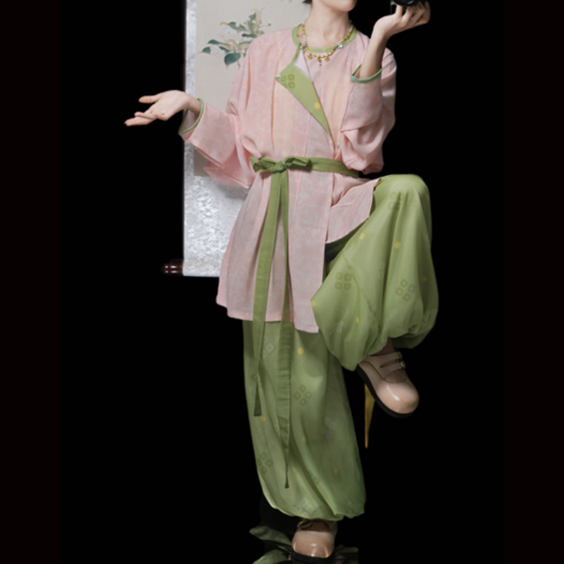 Chiyuji Original [Tea Culture] Tang-Style Printed Short Round-Neck Robe Hanfu Women's Lantern Pants Set for Daily Commuting