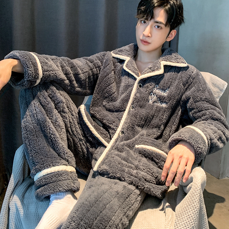 Warm Pajamas for Men, Flannel, Thickened and Fleece-Lined for Winter, 2025 New Men's Coral Fleece Loungewear Set