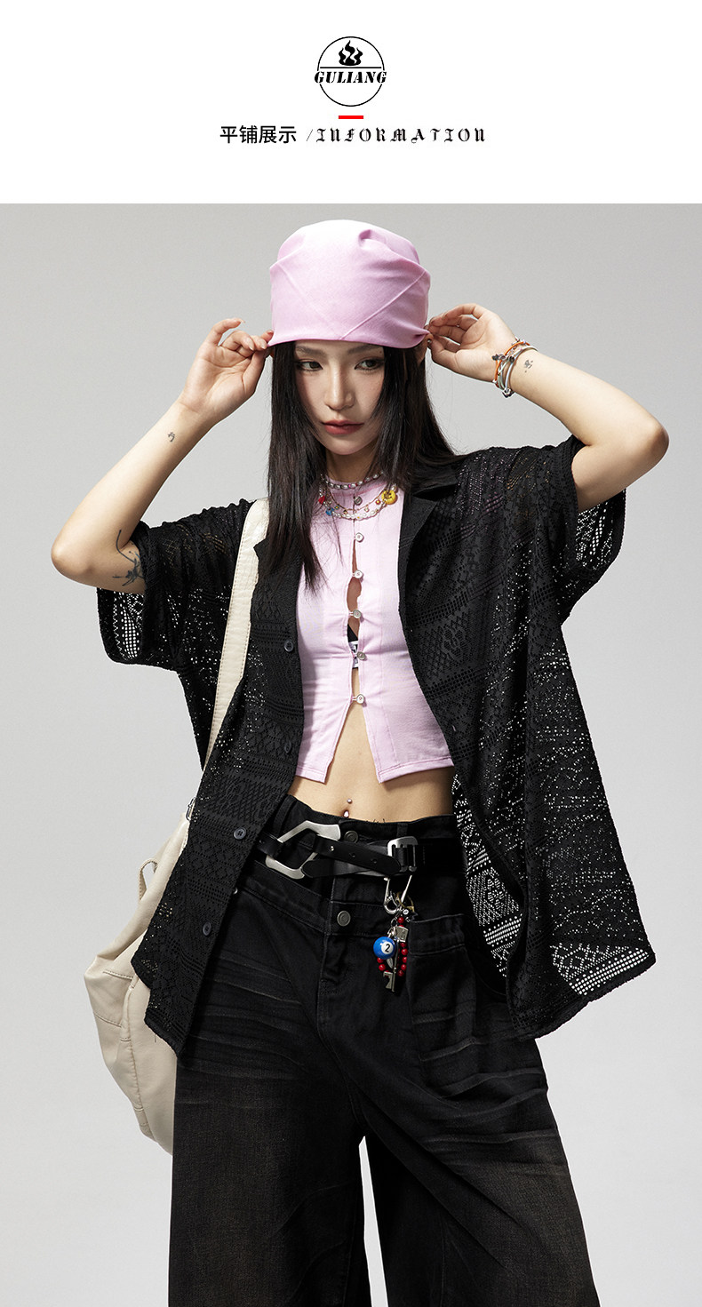 Джинсовая рубашка gu liang「设计师品牌」/男女同款/小众镂空古巴领情侣短袖衬衫潮