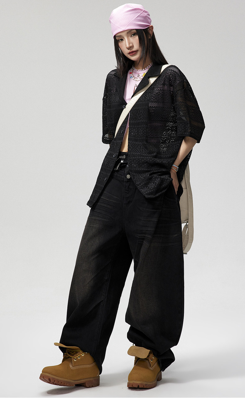 Джинсовая рубашка gu liang「设计师品牌」/男女同款/小众镂空古巴领情侣短袖衬衫潮