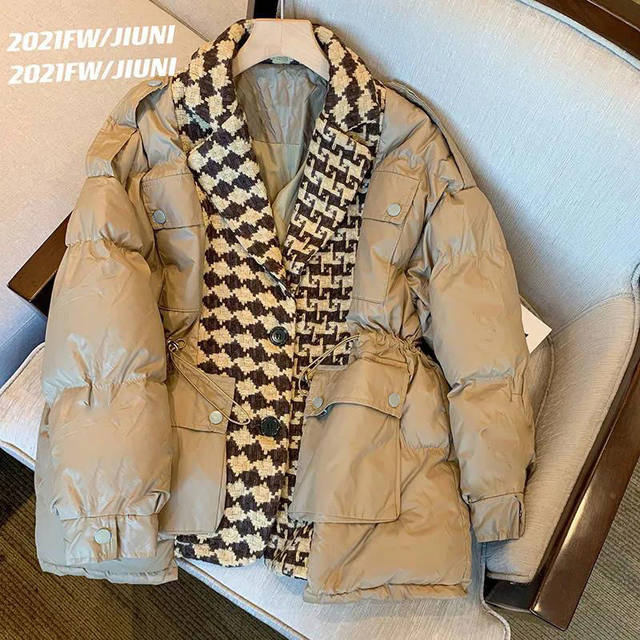 Xiaoxiangfeng houndstooth down padded jacket women's 2022 winter new large size stitching design padded padded jacket thickened jacket