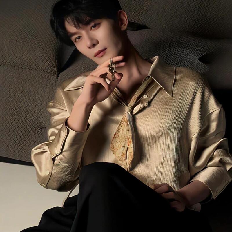 Summer Light Celebrity-Inspired Light Luxury and Elegant Gold Long-Sleeve Shirt for Men, Acetate Glossy Stylish Shirt for Men, Trendy