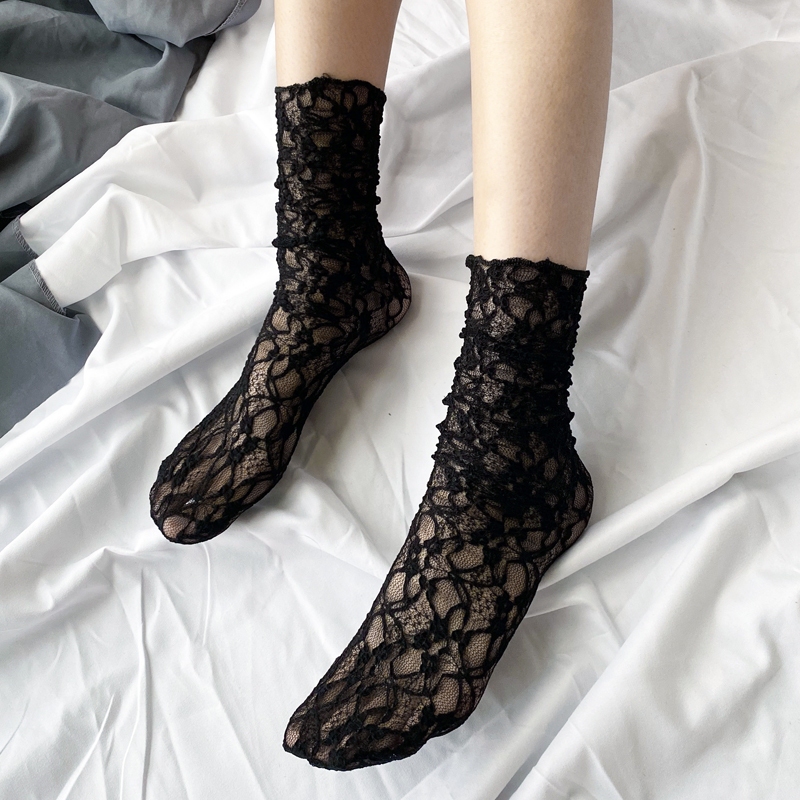 Korean Style Lace Socks for Women, Vintage Hollow-Out Fishnet Socks, Lolita Japanese Mid-Calf Long Socks, Summer Thin Slouch Socks