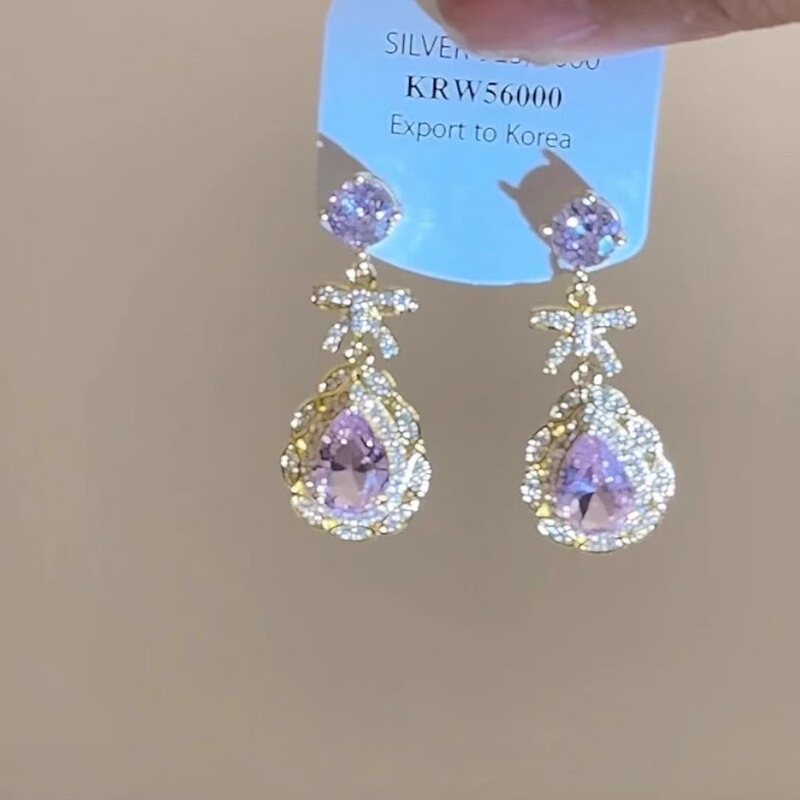 Evening Banquet Style French Light Luxury Dreamy Purple Earrings for Women, Vintage Bow Super Shiny Palace Vintage Earrings