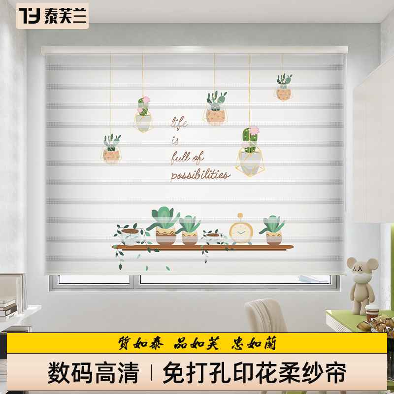 Teflan Soft Gauze Roller Blinds, No-Drill Pull-Down Blinds for Living Room, Bedroom, Bay Window, Blackout, Adjustable, Printed Design