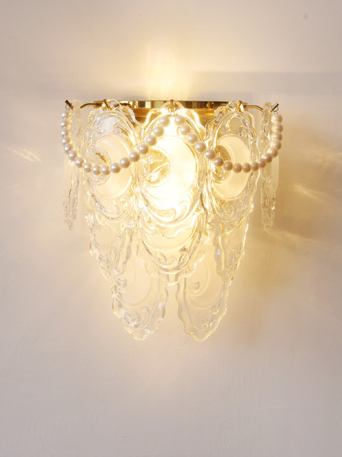 French-Style Light Luxury Crystal Wall Lamp for Living Room Background Wall, Vintage Feather Pearl Dining Room Bedroom Corridor American-Style Bedside Lamp