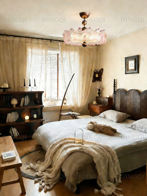 French-Style Vintage Ceiling Lamp Bedroom Light Retro Romantic Pink Glass Flower Main Bedroom Warm Cream-Style Lighting Fixtures