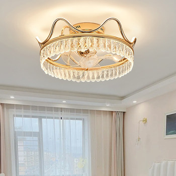 Crown Crystal Fan Light, Master Bedroom Ceiling Light, Light Luxury, Simple and Modern, Living and Dining Room Invisible Silent Ceiling Fan Light Fixture