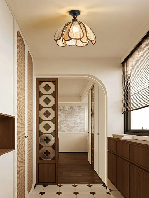 French Mid-Century Style Ceiling Lamp, Japanese-Style Guesthouse Rattan Creative Personality Art Petal Entrance Corridor Aisle Lamp