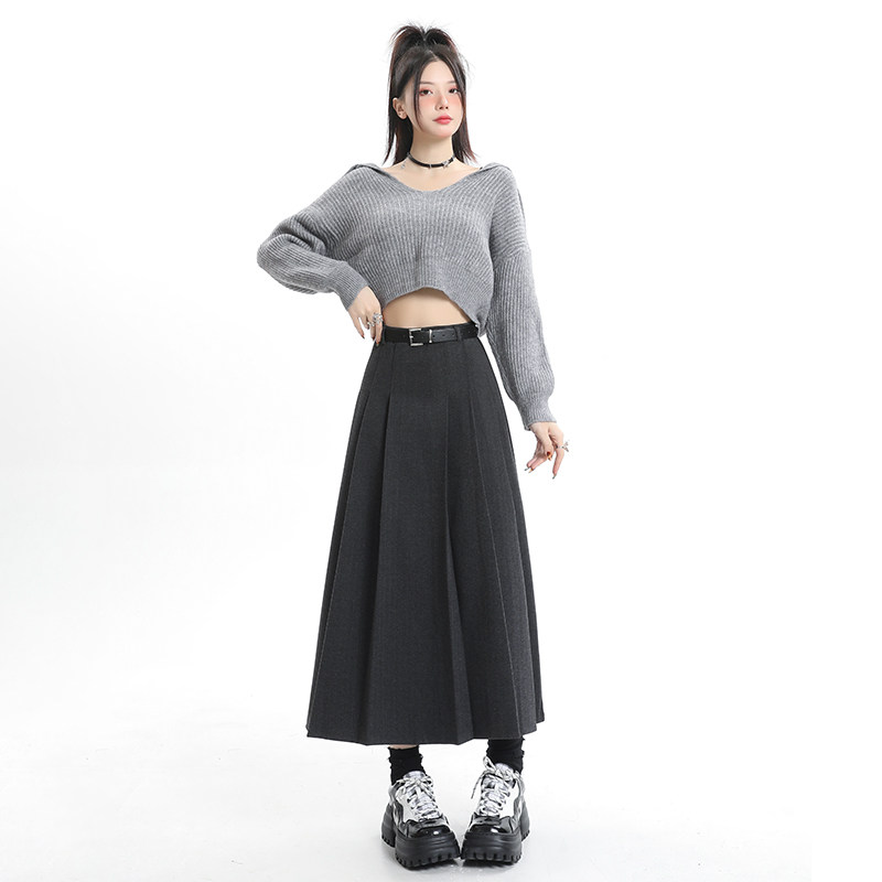 KRO grey hair half body dress lady autumn winter new thickened high waist shade A character umbrella skirt with long centenfold skirt-Taobao