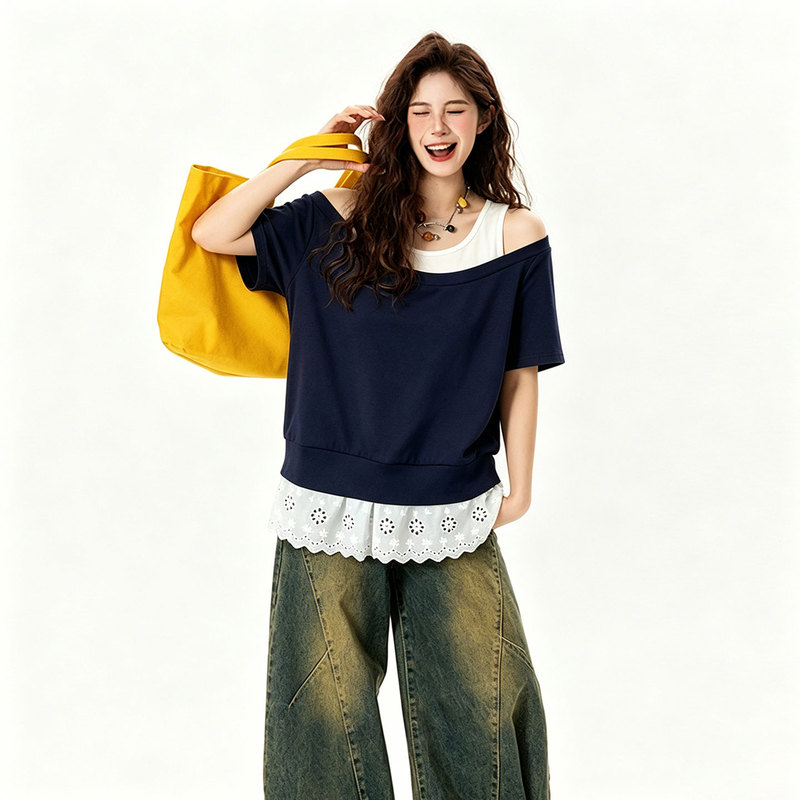 Plus Size Women's Clothing Korean Style Outfit Blue Fake Two-Piece Short-Sleeved T-Shirt Women's Summer Gentle Style Off-Shoulder Top