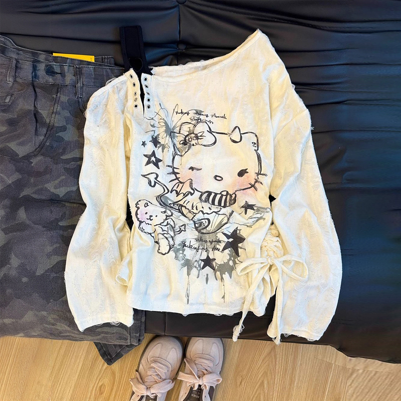 150kg Extra Large Size Cartoon Print Long-Sleeved T-Shirt for Women with Fat Figures, White Drawstring Design, Loose and Slimming, Slanted Shoulder Top