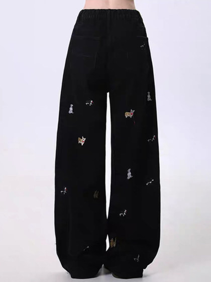 大码女装黑色趣味小狗刺绣直筒牛仔裤女胖mm美式复古显瘦阔腿裤子
