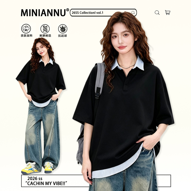150kg Extra Large Size Women's Fake Two-Piece Polo Collar Black Short-Sleeved T-Shirt for Fat Women, Loose and Versatile, Slimming Top 150kg Extra Large Size Women's Fake Two-Piece Polo Collar Black Short-Sleeved T-Shirt for Fat Women, Loose and Versatile, Slimming Top