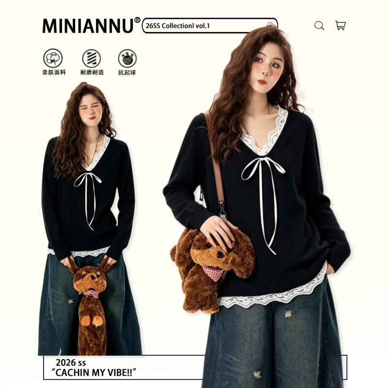 Plus Size Women's Clothing, Lazy Style Lace V-Neck Knitwear, Women's Autumn High-End Black Loose Pullover Sweater