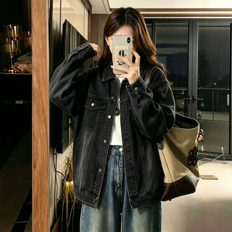 Plus Size Women's Black Loose Denim Jacket for Autumn, Slimming and Versatile Retro Jacket Top Plus Size Women's Black Loose Denim Jacket for Autumn, Slimming and Versatile Retro Jacket Top