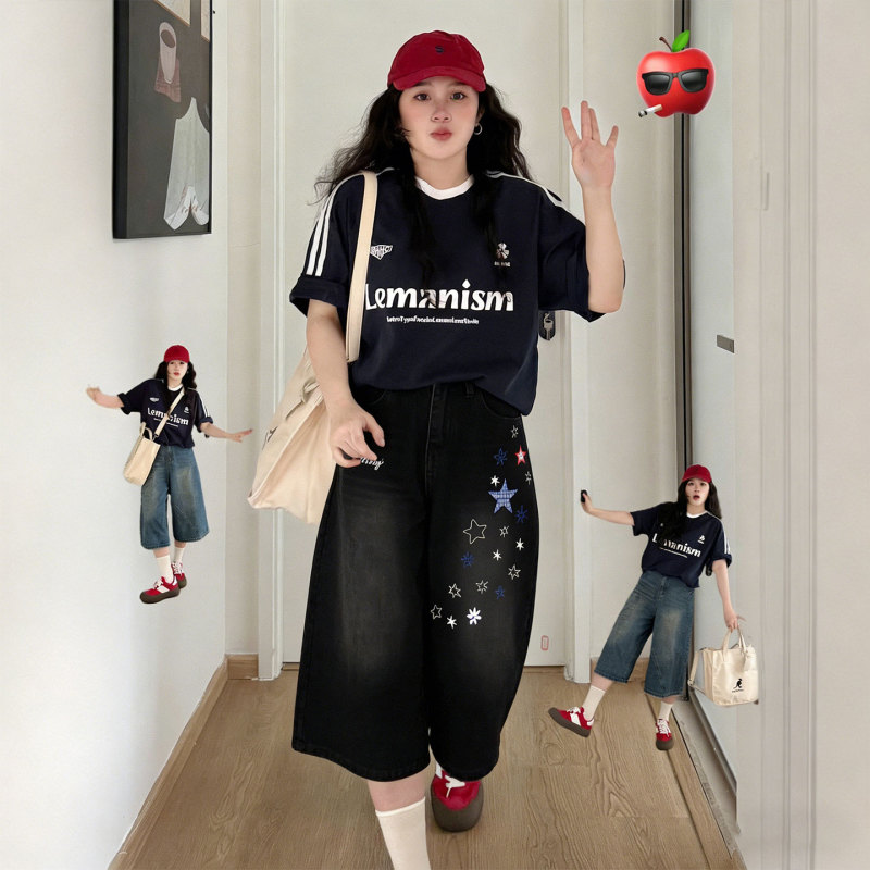 Plus Size Women's Casual Versatile Black Wide-Leg Denim Shorts for Women, Loose Casual Embroidered Capri Pants for Curvy Women