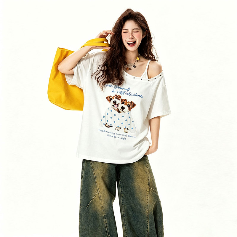 Plus Size Women's Clothing White Cartoon Dog Print Short-Sleeve T-Shirt Sweet Cool Off-Shoulder Studded Top Plus Size Women's Clothing White Cartoon Dog Print Short-Sleeve T-Shirt Sweet Cool Off-Shoulder Studded Top