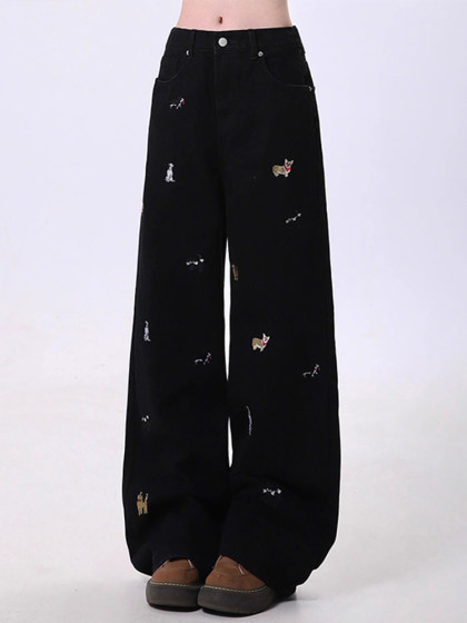 大码女装黑色趣味小狗刺绣直筒牛仔裤女胖mm美式复古显瘦阔腿裤子