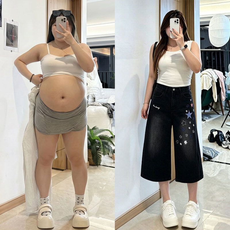 Plus Size Women's Black Star Embroidered Patch Cropped Denim Pants for Women, Versatile Loose Letter Wide-Leg Pants for Fat Women Plus Size Women's Black Star Embroidered Patch Cropped Denim Pants for Women, Versatile Loose Letter Wide-Leg Pants for Fat Women