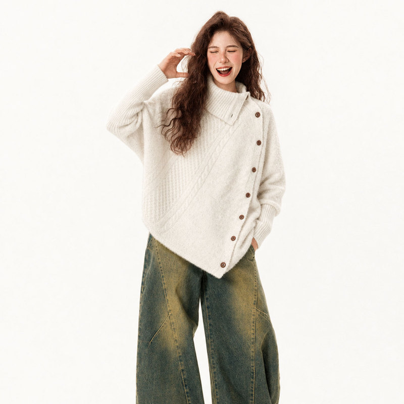 Plus Size Women's Beige Cable Knit Turtleneck Sweater for Women with a Design That Is Versatile and Casual Pullover Sweater