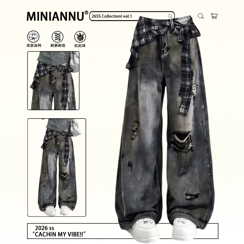 Plus-Size Women's Clothing, Ripped Black and Gray Jeans for Women, Summer, Non-Tight, Covers the Body, Slimming, Wide-Leg Pants Plus-Size Women's Clothing, Ripped Black and Gray Jeans for Women, Summer, Non-Tight, Covers the Body, Slimming, Wide-Leg Pants