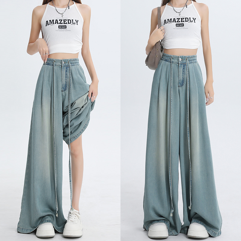 150kg Plus Size High Waist Straight Tencel Jeans for Women, Drawstring Design, American Retro Wide Leg Long Pants 150kg Plus Size High Waist Straight Tencel Jeans for Women, Drawstring Design, American Retro Wide Leg Long Pants