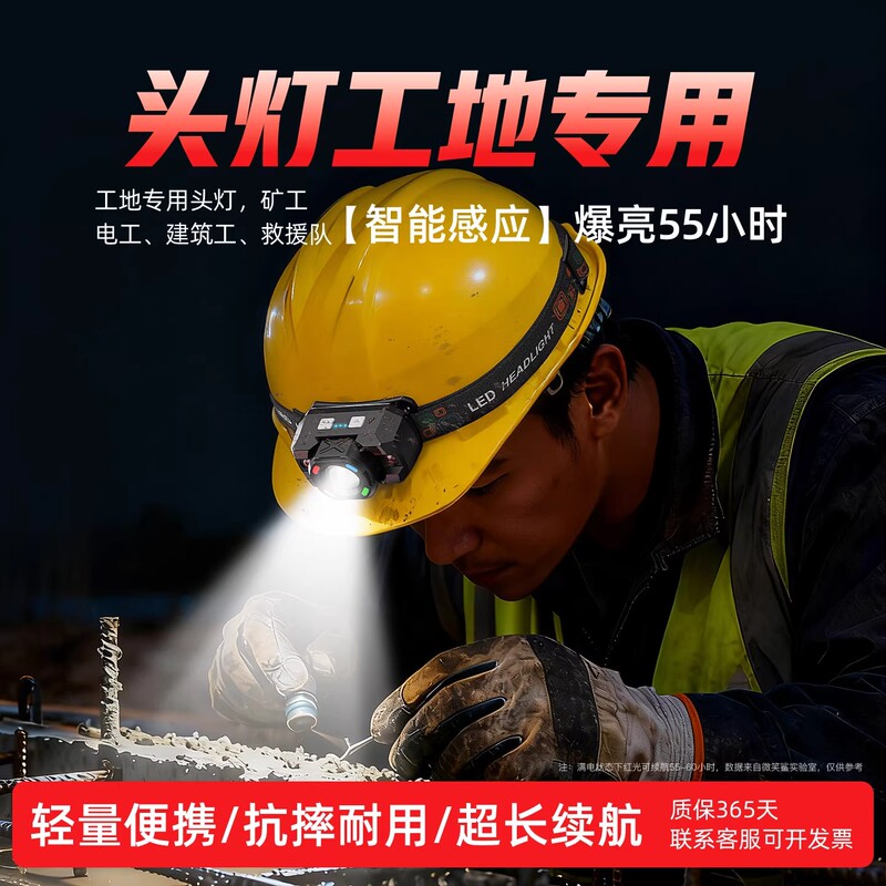 German Safety Helmet, Specially Designed for Construction Sites, Head-Mounted, Strong Light, Rechargeable, Sensor-Controlled, Ultra-Long Battery Life, Outdoor Durable, Work Floodlight