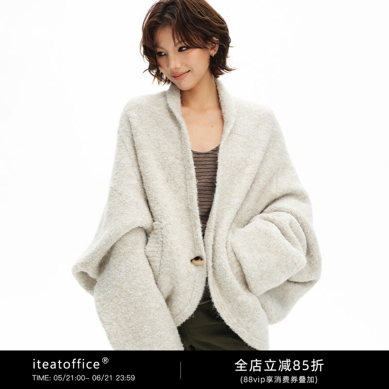 Iteatoffice* Autumn and Winter Warm Coat Wool Blend Cocoon-Shaped Knit Outerwear Batwing Sleeve Oversized Coat