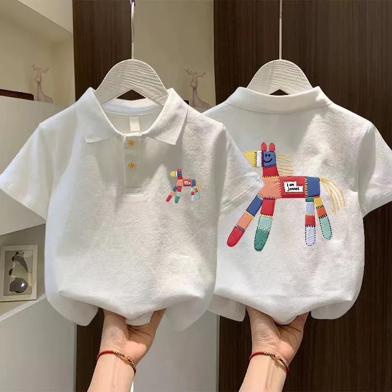 Summer Kidsren's Pure Cotton Tops with Cartoon Pony Print Short-Sleeved Polo Shirts for Boys and Girls, Stylish Loose Lapel T-Shirts Summer Kidsren's Pure Cotton Tops with Cartoon Pony Print Short-Sleeved Polo Shirts for Boys and Girls, Stylish Loose Lapel T-Shirts