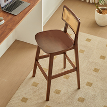 Nordic solid wood bar chair retro home island high back chair front reception bar rattan high bar chair