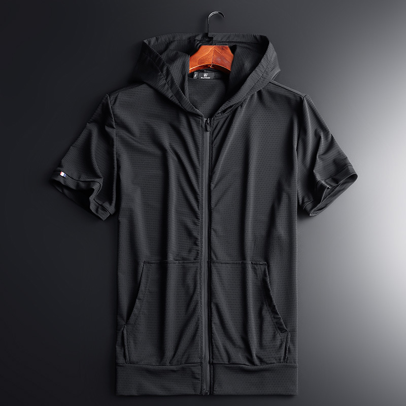 Summer Thin Ice Silk Hooded T-Shirt for Men, Half-Sleeve Zip-Up Loose Cardigan, Short-Sleeve Mesh Sports Sweatshirt Jacket, Trendy Summer Thin Ice Silk Hooded T-Shirt for Men, Half-Sleeve Zip-Up Loose Cardigan, Short-Sleeve Mesh Sports Sweatshirt Jacket, Trendy