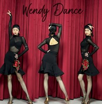 wendy dance wear Latin dance wear womens autumn and winter long-sleeved high-neck mesh top rose flower high slit fishbone skirt