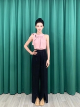 Chuanzige Latin dance clothing autumn and winter warm pink bow sleeveless top suit drape slit trousers teaching class
