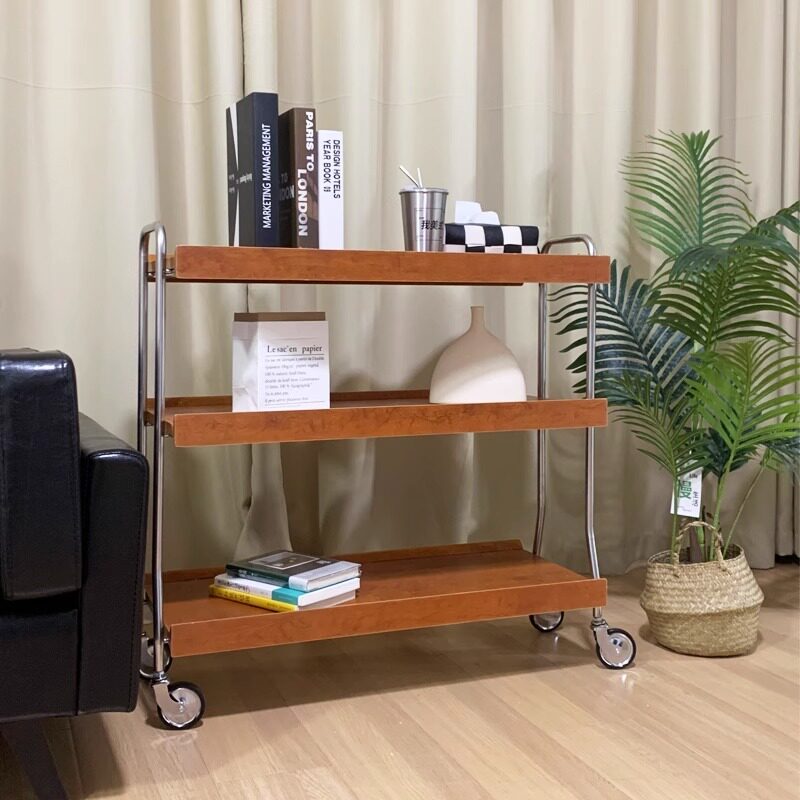 Frame wheel wheel trolley retro solid wood stainless steel Nordic designer receiver can move multi-layer landing