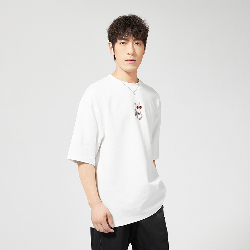 zuo left メンズ ゆったり 半袖 Tシャツ 混紡 通気性 面白い 猫柄 25 夏 新作 メンズ