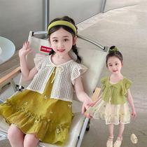Balabala girls suspender skirt with summer shawl 2024 new baby mesh slope style internet celebrity short sleeves