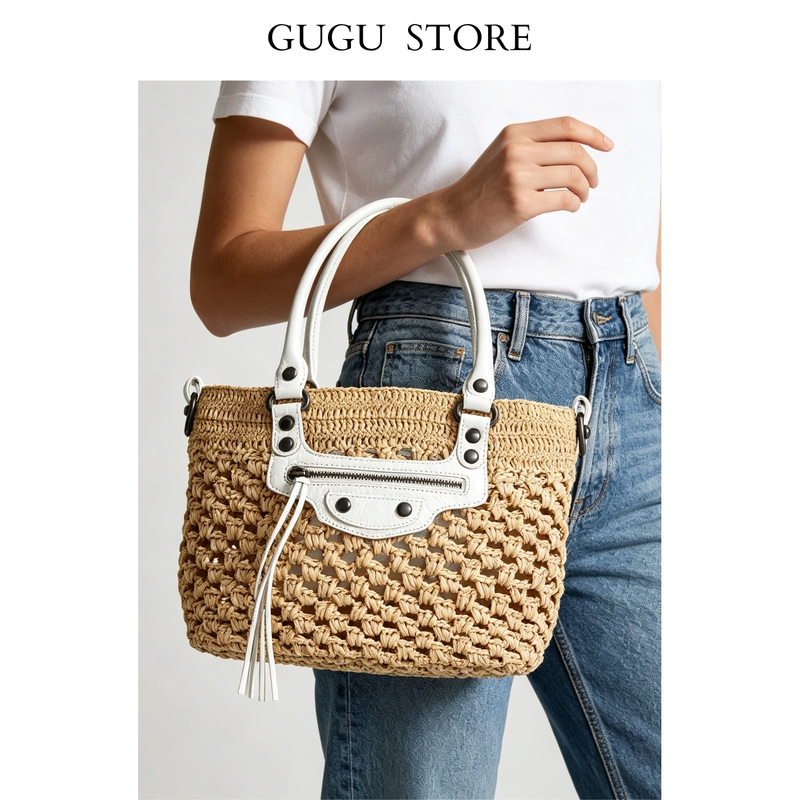 French-Style Niche Raffia Woven Bag, Summer Seaside Vacation Style, Leather Patchwork Straw Bag, Casual Basket Bag French-Style Niche Raffia Woven Bag, Summer Seaside Vacation Style, Leather Patchwork Straw Bag, Casual Basket Bag