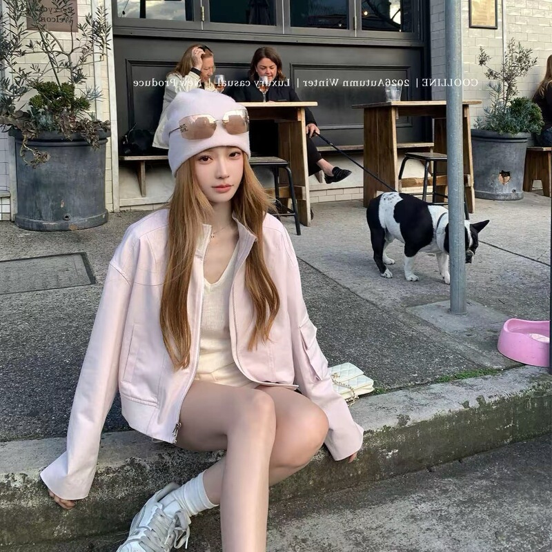 Pink Casual A1O Jacket for Women 2026 Autumn New American Style Sweet and Cool Casual Small Size Stand Collar Jacket