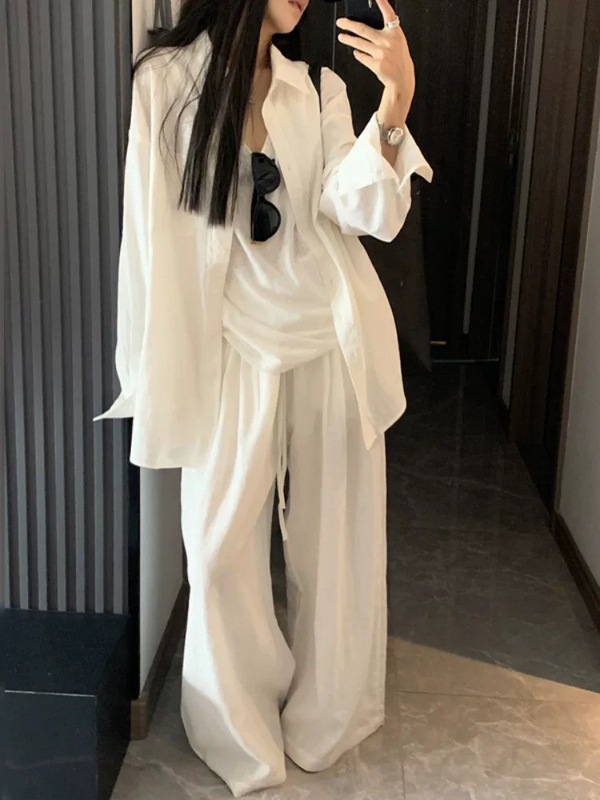 Old Money Style White Linen Shirt Set for Women, Lazy and Relaxed, Loose-Fitting, Sun-Protective Cardigan, Vest, and Long Pants Three-Piece Set