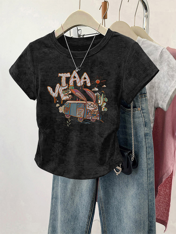 Black Short-Sleeved Women's T-Shirt with American Design, Pleated Waist, Round Neck, Slim Fit, Short Top for Summer
