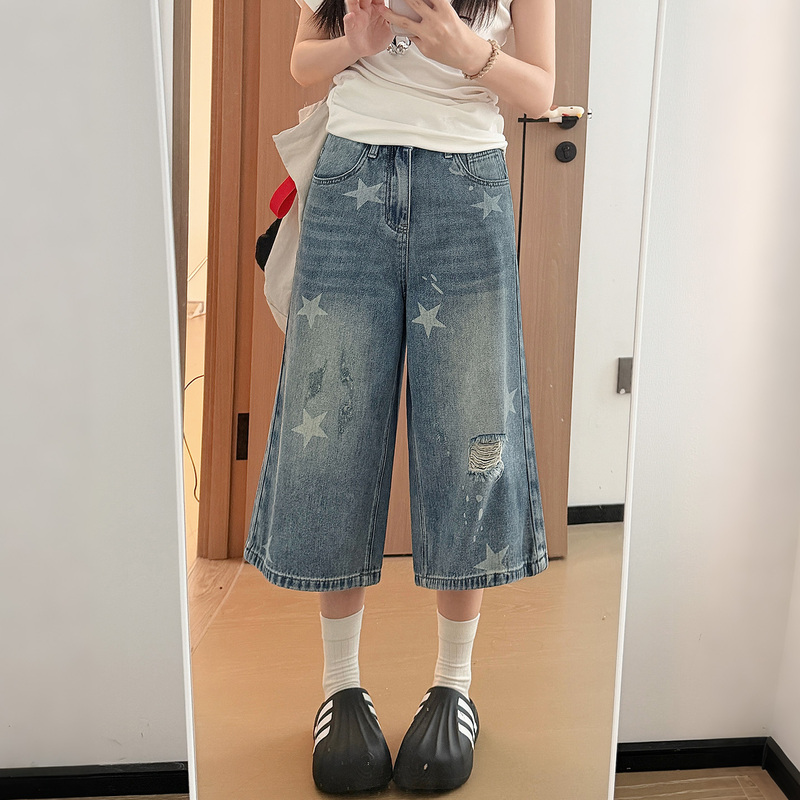 American-Style Ripped Star Wide-Leg Cropped Jeans for Women, New Summer Plus-Size Loose Slimming Straight Pants American-Style Ripped Star Wide-Leg Cropped Jeans for Women, New Summer Plus-Size Loose Slimming Straight Pants
